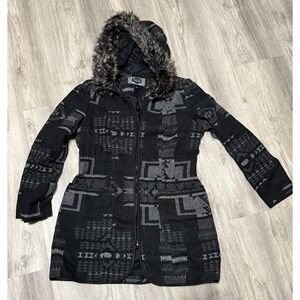 Green Envy Gray Aztec/Tribal Print Faux Fur Collar Hooded‎ Jacket Size Large